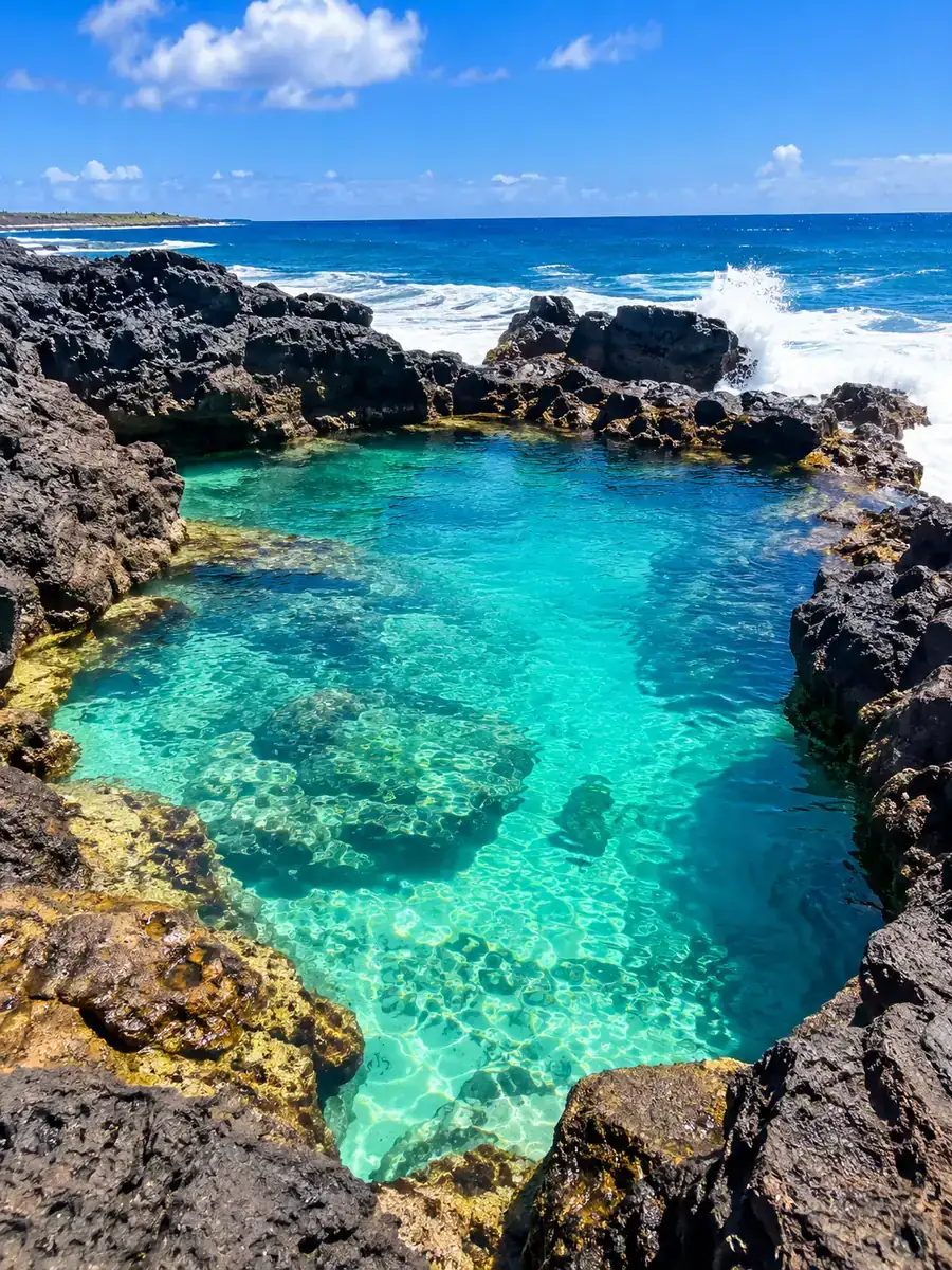 Der Natural Pool auf Aruba, ein türkisfarbenes Felsbecken, eingerahmt von dunklem Vulkangestein und weißer Gischt