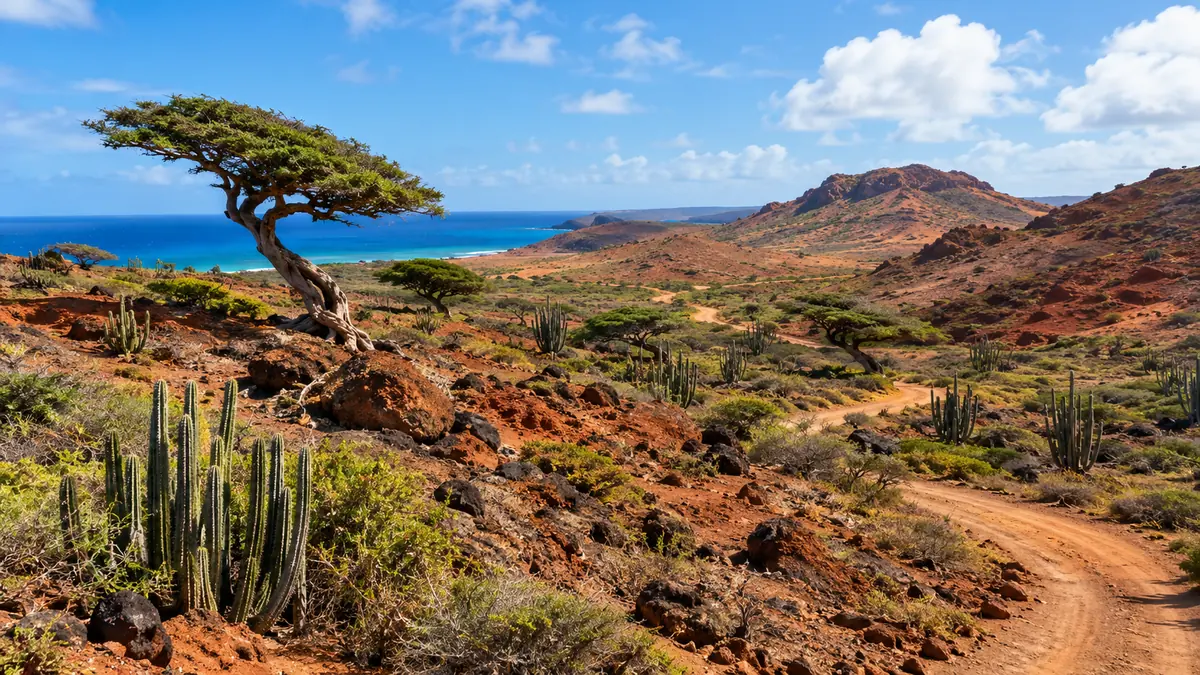 Rotbraune Wüstenhügel mit Kakteen und einem Divi-Divi-Baum im Arikok-Nationalpark, Aruba