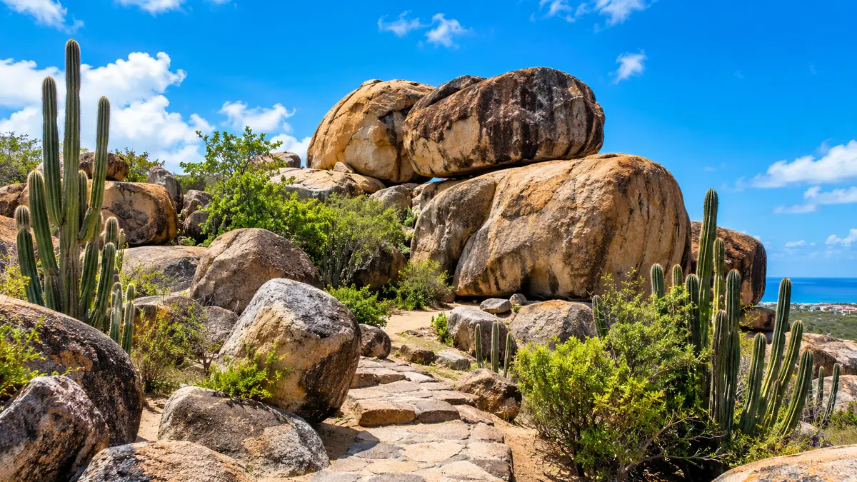 Giant boulders and cacti at the Casibari rock formation in Aruba